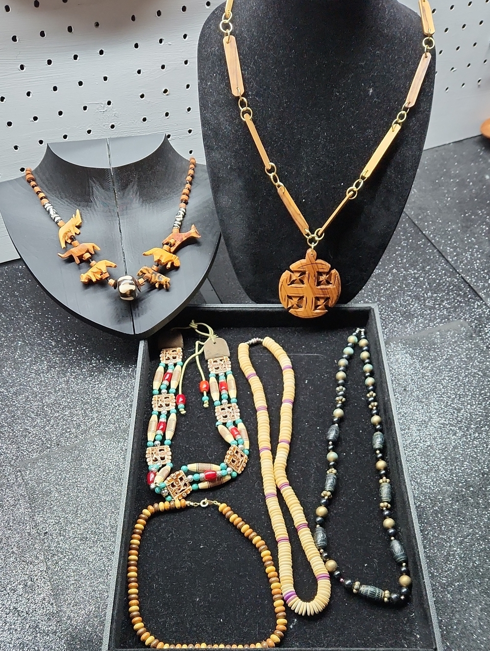 Assortment of vintage bohemian and tribal-inspired wooden Necklace